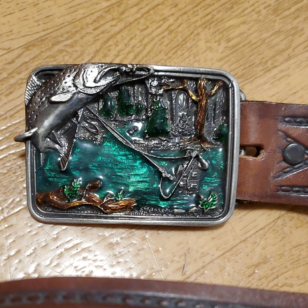 Vintage FLY Fishing Scene Belt Buckle With Top Grain Leather Belt 38"